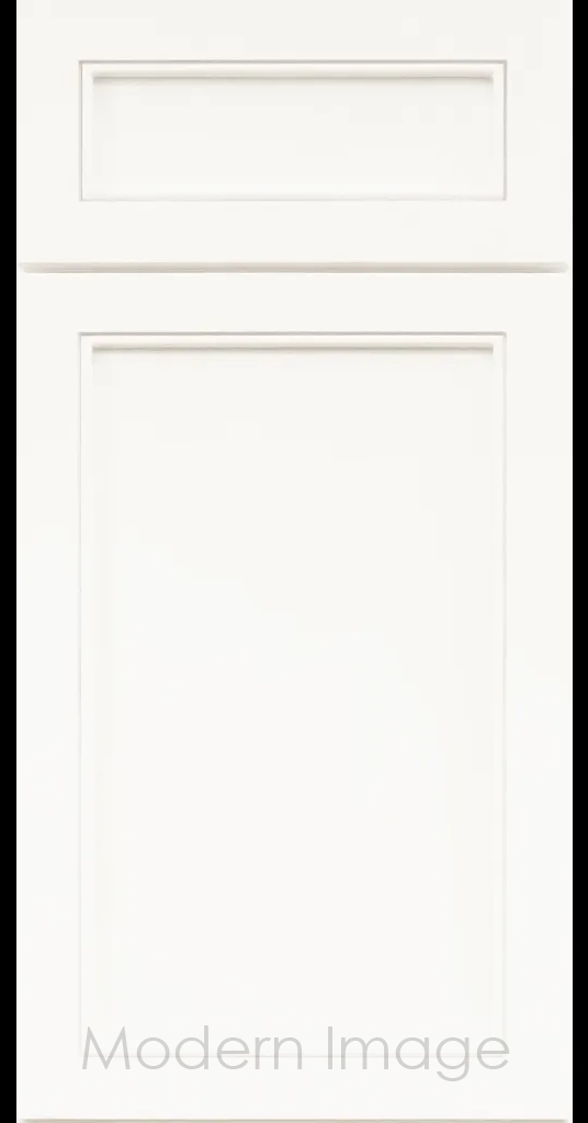 Alpine Slim Cabinet Door a narrow Stile & Rail Surrounding a flat center panel in a Vanilla White Custom Paint
